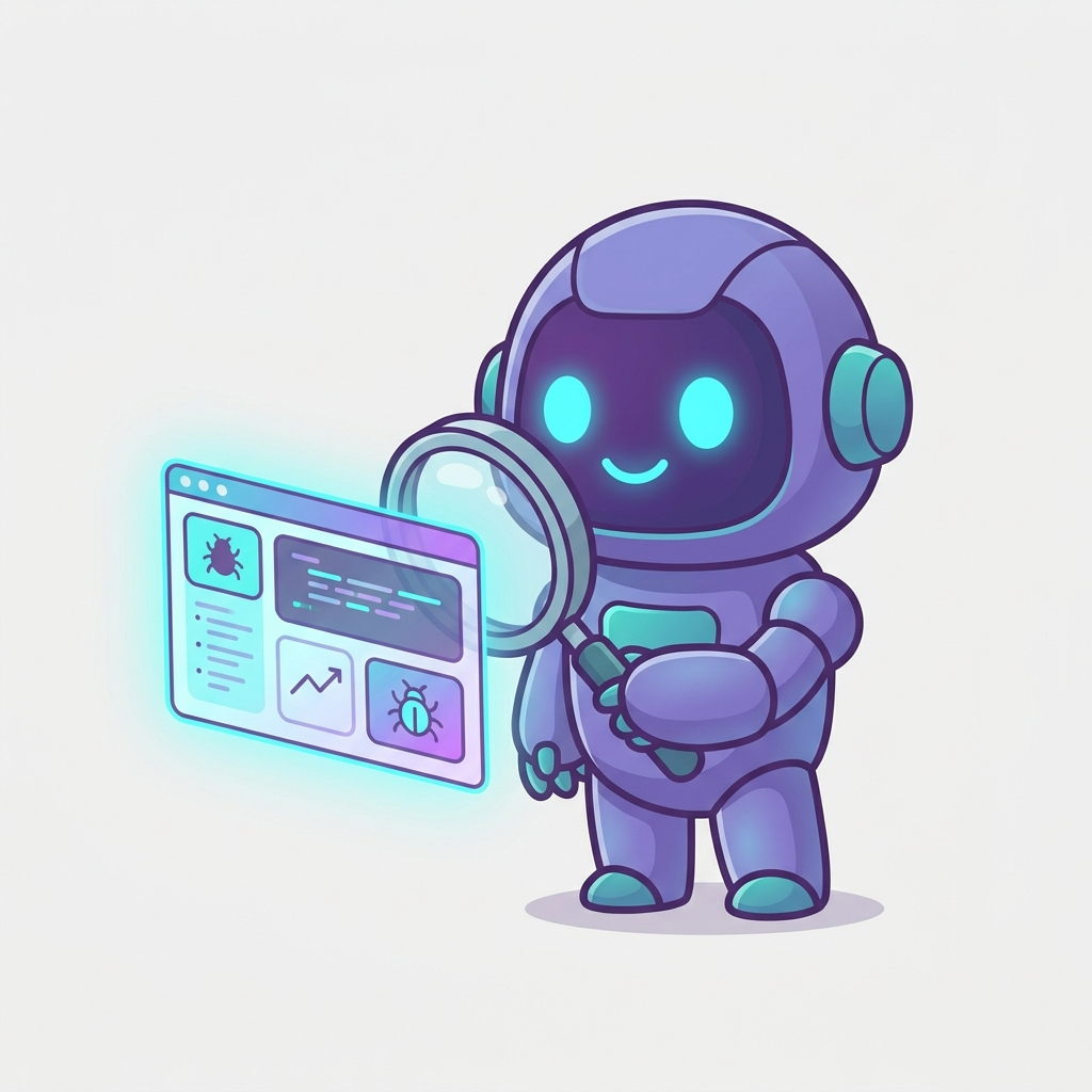 Website testing robot inspecting a webpage with a magnifying glass